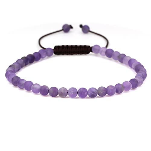Keleny Natural Gemtones 4mm Round Beads Crystal Adjustable Braided Macrame Tassels Bracelets Unisex - color: A Grade Matt Amethyst