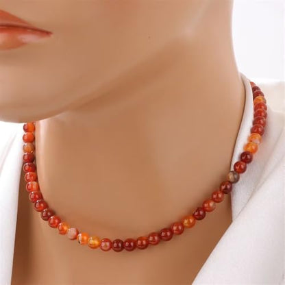Healing Crystal Necklace for Women Men Colorful 6mm Natural Stone Beaded Choker Gemstone Necklaces with Card Handmade Reiki Spiritual Jewelry Gift - color: Carnelian