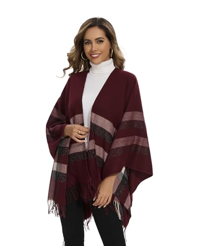 Shawl Wraps for Women, Elegant Knitted Cape Open Front Poncho Scarf Blanket Cardigan Coat for Spring, Autumn, and Winter - color: Red Beige