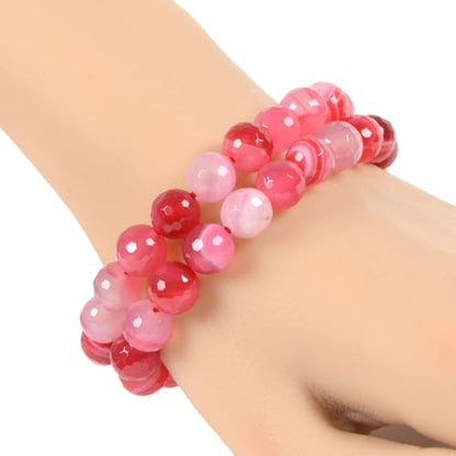 Justinstones Gemstone Crystals Chakra Beads Bracelet Crystal Healing 10mm Round Stretchable Bracelet for Her Gift - color: Faceted Dyed Pink Banded Agate