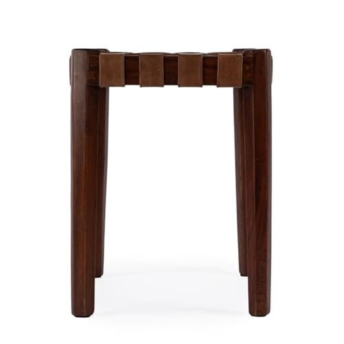BOWERY HILL Farmhouse Wooden Leather Woven Stool, 18"x13.5"x18", Acacia Wood Frame and Genuine Leather, Brown Finish, Rectangular Design, Durable Seating for Living Room or Bedroom Use