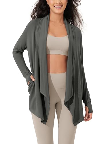 ODODOS Women's Drape Open Front Cardigans Cozy Soft Long Sleeve Casual Wrap Outerwear with Pockets Thumb Hole - color: Charcoal, size: Small