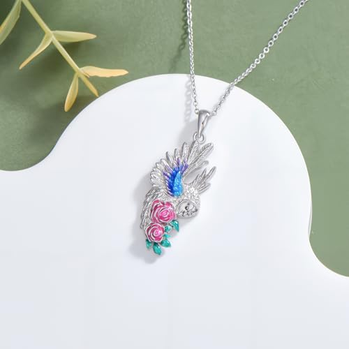 Hummingbird/Phoenix/Owl/Dove/Flamingo/Raven/Blue Jay/Cardinal/Peacock/Eagle/Parrot/Robin Necklace for Women 925 Sterling Silver Bird Pendant Necklace Animal Jewelry Gift for Mother Wife - style: Owl Necklace with Flower