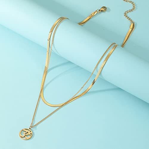 UNIFT Necklace For Women- Aum Om Ohm Sanskrit Symbol Round Pendant Beaded Double Layer Chain Charm Necklace,Hinduism Yoga Sanskrit Personalized Amulet Dainty Pendant Necklace Jewelry - color: snake bone chain - gold