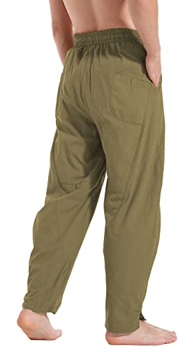perdontoo Men's Linen Cotton Loose Fit Casual Lightweight Elastic Waist Summer Beach Pants
