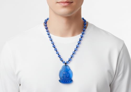 Blue Medicine Buddha Necklace Healing Glass Bead Choker Buddhist Health Amulet Pain Relief Pendant Spiritual Protection Jewelry Unisex Gift for Men Women