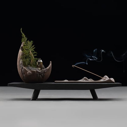 Moonlit Mountains Décor Set – Zisha Crescent Planter, Dehua Mountain Incense Holder, Paulownia Wood Tray, Citrine & Fern – Meditation, Feng Shui, Mindfulness Gift for Home & Office - style: Moonlit Mountains