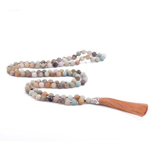 KIKILA Mala Beads 108 Natural Stone GemStones Japamala Yoga Meditation Hand Knotted Beaded Tassel Necklace for Women Men - style: Amazonite