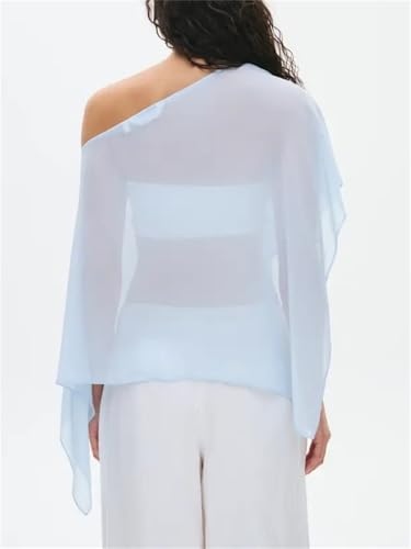 Women Chiffon Cape Shawls and Warps for Evening Dress Wedding Sheer Mesh Flowy Capelets Top - color: Baby Blue, size: Small