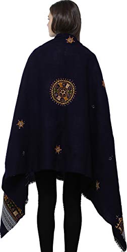 Exotic India Women's Pure Wool Shawl from Kutch with Central Embroidered Chakra and Mirrors Ethnic Design Stole, Scarves - color: Astral Aura