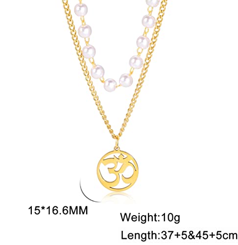 UNIFT Necklace For Women- Aum Om Ohm Sanskrit Symbol Round Pendant Beaded Double Layer Chain Charm Necklace,Hinduism Yoga Sanskrit Personalized Amulet Dainty Pendant Necklace Jewelry - color: pearl chain - gold