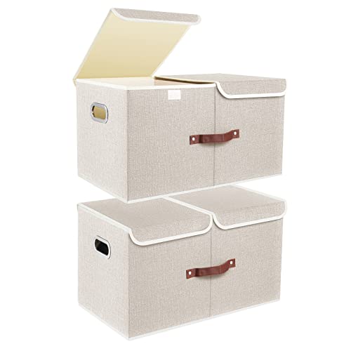 TYEERS Extra Large Collapsible Storage Bins with Lids and Compartments, Washable, Fabric Storage Boxes, 21.7x13x11.8 inches, 2 Pack, Beige - color: Beige, size: 2-Pack 21.7x13x11.8 in