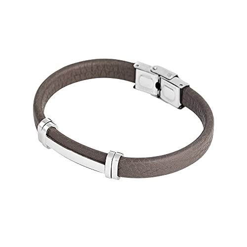 Geoffrey Beene Men's Genuine Leather Bracelet with Stainless Steel Cut-Out ID - color: Grey