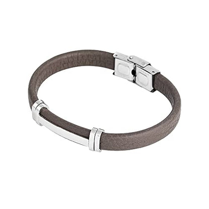 Geoffrey Beene Men's Genuine Leather Bracelet with Stainless Steel Cut-Out ID - color: Grey