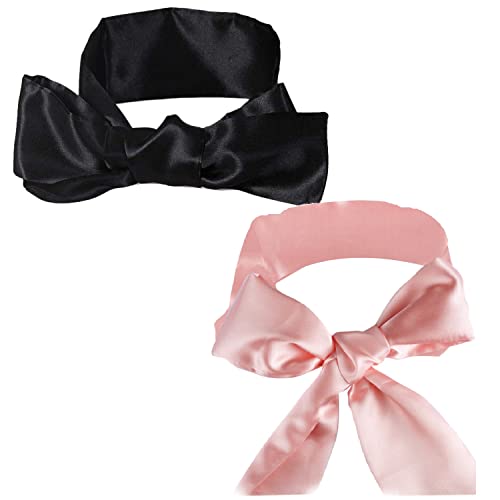 2Pcs Satin Eye Mask Sleep Mask, Adjustable Blindfold Soft Satin Eye Covers Gift for Travel, Nap, Meditation,157cm/62inch (Black+Pink)