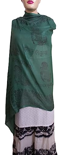KVR Hindu Pooja Religious Cotton Indian prayer scarf with OM Krishna Ganesha Shiva Nataraja yoga spiritual auspicious prints - color: Green-krishna