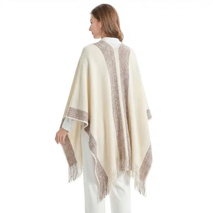 ZLYC Women's Shawl Golden Trim Knit Blanket Wrap Fringe Poncho Coat Cardigan - color: Plain Cream White