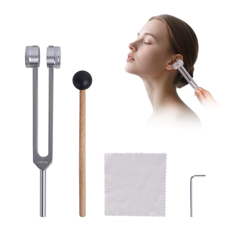 Energy Healing Tuning Forks Kit-128Hz, Sound Therapy Tools, Non-Magnetic Aluminum Alloy, for Hearing Tests, Special Tuning Hammer for Ear Cleaning，Meditation Tool with Travel Case (Silvery) - color: Silvery