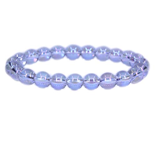 Keleny Gem Semi Precious Gemstones 8mm Natural Quartzite Stone Round Beads Crystal Stretch Bracelet 7 Inch Unisex - color: Coated Aqua Aura Clear Quartz Crystal