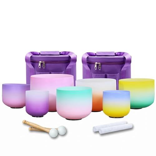 Hye-eun 7-12 inch 432Hz Rainbow Frosted Crystal Singing Bowls Set for Meditation 7PCS Chakra Healing Sound Therapy with Purple Carry Bags - color: 7-12inch 432hz Multicolored 7PCS