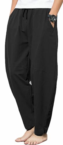 Men's Casual Cotton Linen Pants Elastic Waist Drawstring Beach Summer Lightweight Trousers - color: Black, size: 42