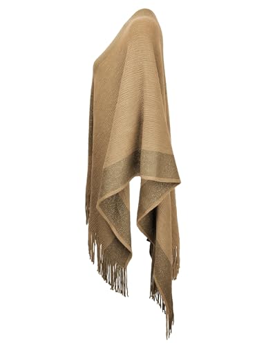 ZLYC Women's Shawl Golden Trim Knit Blanket Wrap Fringe Poncho Coat Cardigan - color: Camel