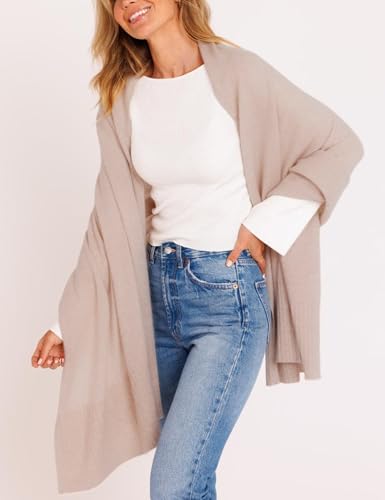 EsheSy Women's Shawl Wrap Open Front Poncho Sweater Ribbed Hem Loose Shrug Cardigan Scarf Travel Cover ups - color: Apricot