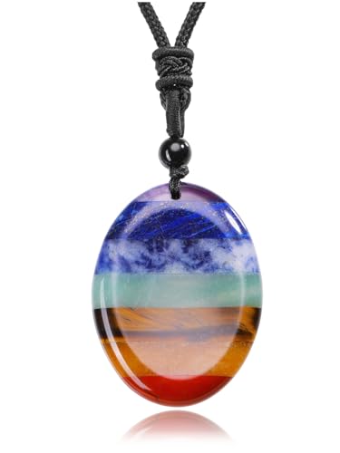 Jovivi Natural 7 Chakras Healing Crystals Necklace Oval Gemstone Palm Worry Stone Chakra Pendant Necklace for Anxiety Stress Relief Balancing Meditation - color: Oval-Shaped