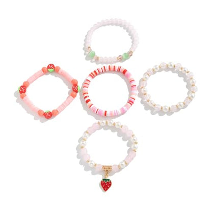 Healing Beads Bracelets for Women Men, Adjustable Natural Stone Beaded Bracelet Stackable Chain Stretch Jewelry Gifts - color: 5PCS Strawberry Beaded