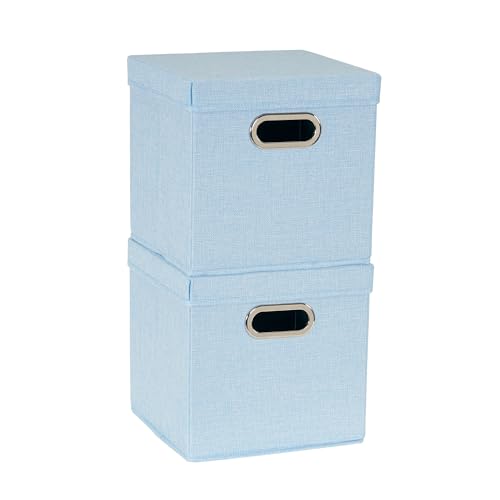Household Essentials 816-1 Café Cube Bin Storage Set with Lids and Handles | 2 Pack, Baby Blue Linen - color: Blue