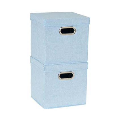 Household Essentials 816-1 Café Cube Bin Storage Set with Lids and Handles | 2 Pack, Baby Blue Linen - color: Blue