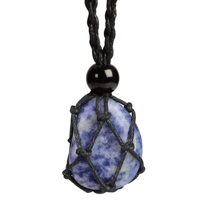 Natural unprocessed crystal raw stone hand woven rope adjustable necklace pendant for both men and women - color: A-Blue Jasper