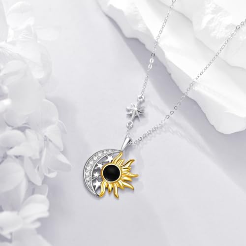 Sun and Moon Necklace for Women 925 Sterling Silver Celtic Crescent Moon Pendant Blue Opal/White Opal/Abelone Shell/Labradorite/Moonstone Jewelry Gift for Teen Girls - color: black agate