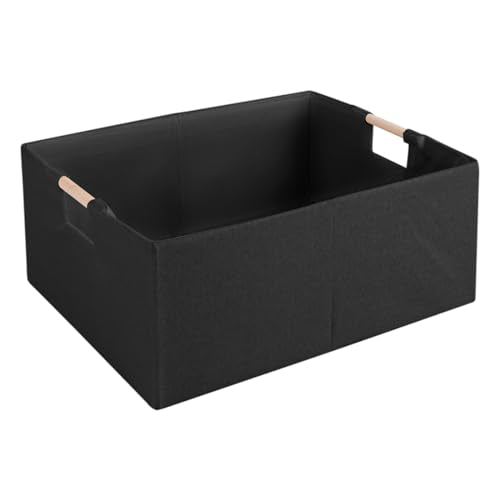 Fabric Storage Bin Box Foldable Cotton Linen Storage Basket with Wooden Handles Rectangular Cube Decorative Home Laundry Organizer Clothes Blanket Container – Black, Medium - color: Black, size: Medium