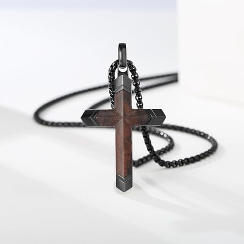 Cross Necklace for Men, Real Ebony Wooden Mens Cross Necklace Black Stainless Steel Christian Handmade Wood Pendant for Men, 24 Inch Box Chain - color: Black Cross Necklace