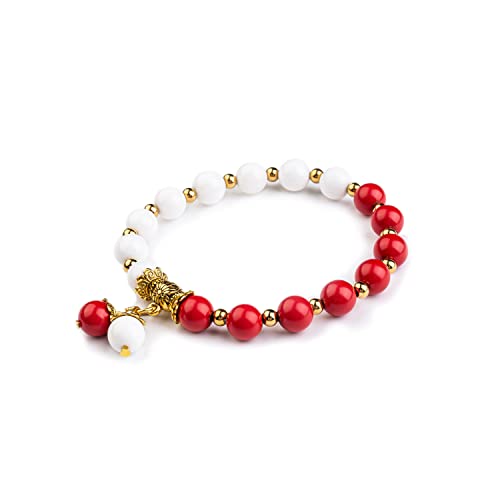 Natural Stretch Gemstone Bracelet Healing Stone Beaded Bracelets for Women Men Gifts (Unisex) - color: red white stone