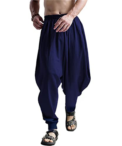 CLANMILUMS Men's Cotton Harem Pants Casual Loose Hippie Drop Crotch Trouser - color: Navy1, size: Small