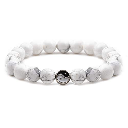 Fashion Men Women Taiji Yin Yang Feng Shui Charm Bracelet Natural White Turquoise and Black Beaded Couple Bracelets Friendship Distance Bracelet Jewelry - color: White
