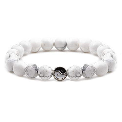Fashion Men Women Taiji Yin Yang Feng Shui Charm Bracelet Natural White Turquoise and Black Beaded Couple Bracelets Friendship Distance Bracelet Jewelry - color: White