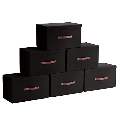 Ornavo Home 6 Pack Collapsible Storage Bins with Lid, Foldable Linen Fabric Shelf Storage Basket Closet Organizer and Large Storage Box for Clothes with Leather Handles, 15 x 10 x 9, Black - color: Black, size: Large - 6 Pack