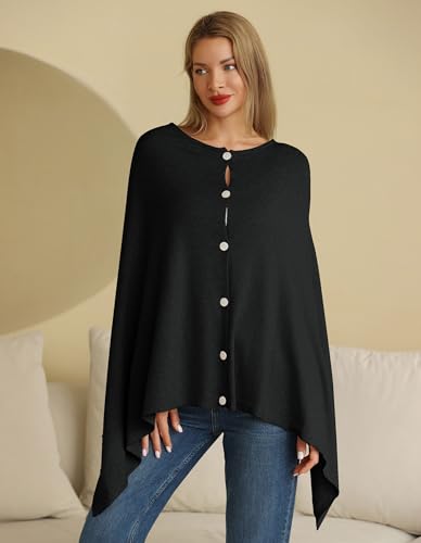 PULI Women's Versatile Knitted Shawls Scarf Poncho Sweater with Buttons Lightweight Spring Summer Fall Wraps - color: Round Neck-black