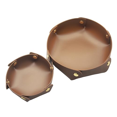 Round PU Leather Storage Box, Leather Jewelry Storage Box, Simple Fashion Design Storage Basket 2 Packs (Large Size and Small Size) (Light Brown)