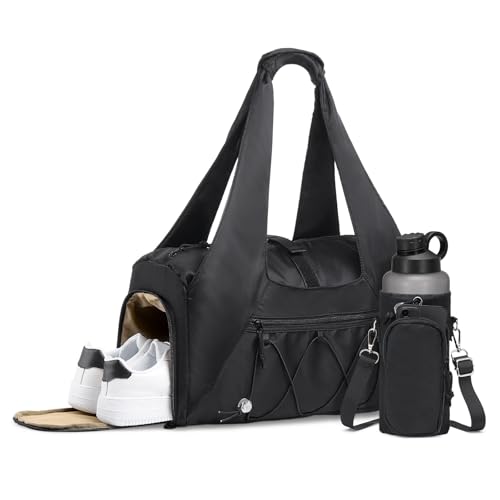 Small Gym Bag for Women, Mini Duffel Bag with Shoe Compartment, Cute Sports Tote Bag Dance Yoga Mat Luggage with Crossbody Water Bottle Bag, Black