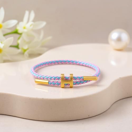 OSIRIDEH2 Bracelet with Adjustable Design Polished H Shape Buckle, Bracelets for Women, 18k Gold-plated Buckle Design Titanium Steel Wire Rope Women's Gift Jewelry - color: Pink + blue line