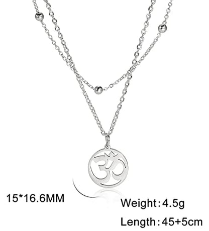 UNIFT Necklace For Women- Aum Om Ohm Sanskrit Symbol Round Pendant Beaded Double Layer Chain Charm Necklace,Hinduism Yoga Sanskrit Personalized Amulet Dainty Pendant Necklace Jewelry - color: silver