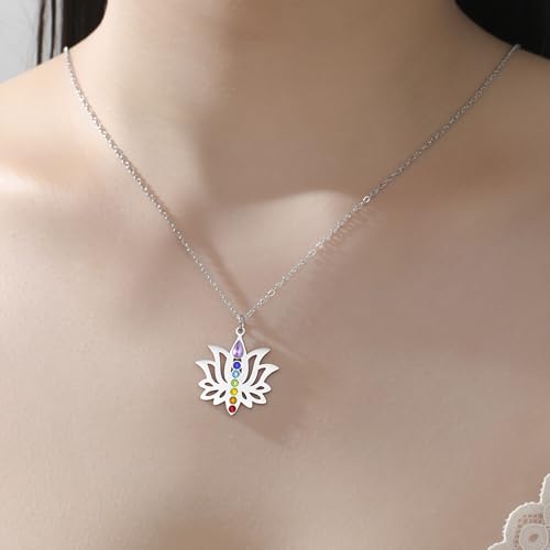 VASSAGO Lotus Flower Chakra Necklace for Women Lotus Flower Necklace 7 Chakra Pendant OM Symbol Buddha Amulet Spiritual Healing Jewelry Yoga Meditation Gift - color: Silver
