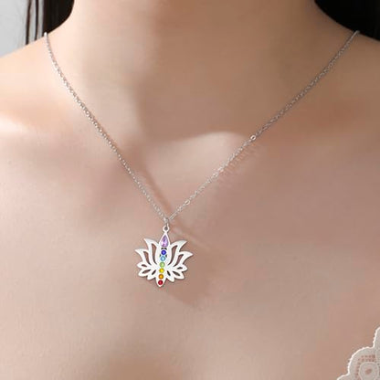 VASSAGO Lotus Flower Chakra Necklace for Women Lotus Flower Necklace 7 Chakra Pendant OM Symbol Buddha Amulet Spiritual Healing Jewelry Yoga Meditation Gift - color: Silver