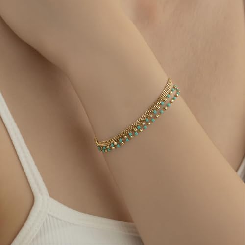 14K Gold Plated Surgical Hypoallergenic Stainless Steel Bohemian Dainty Turquoise Nanobeads Bracelet for Women
