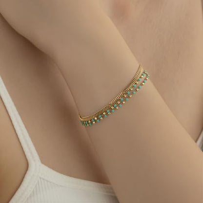 14K Gold Plated Surgical Hypoallergenic Stainless Steel Bohemian Dainty Turquoise Nanobeads Bracelet for Women