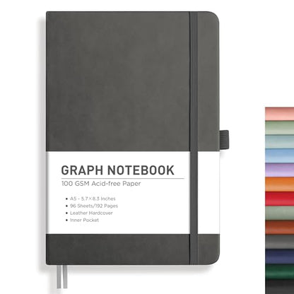 RETTACY Graph Grid Paper Notebook, 192 Pages, A5 Medium Size (5.7'' x 8.3''), 5 Squares per Inch, Leather Hardcover, 100 GSM Thick Paper, for School, Students, Math, Engineering (Gray) - color: Gray, style: Grid